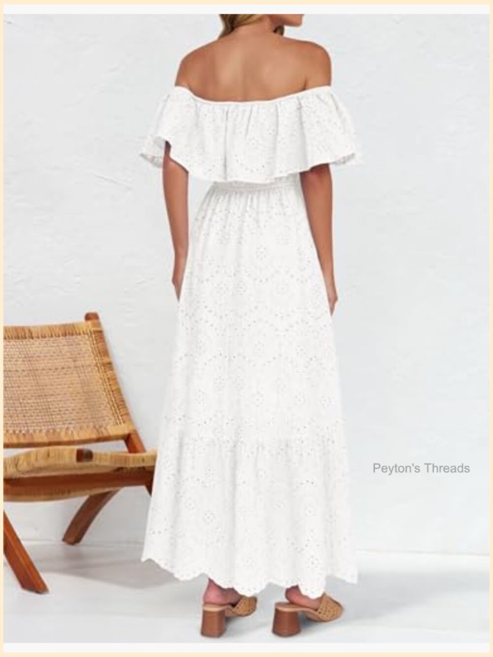Off Shoulder Ruffle Midi Dress Short Sleeve High Waist Hollow Out Embroidery - Picture 3 of 7